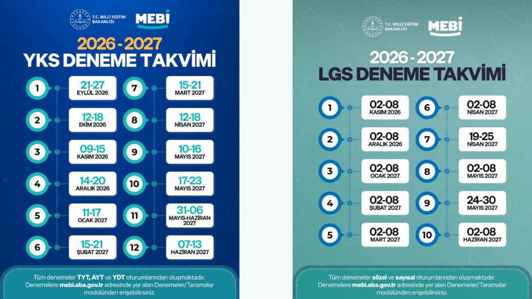 MEBİ platformu 2026-2027 dönemi YKS ve LGS Deneme takvimini duyurdu